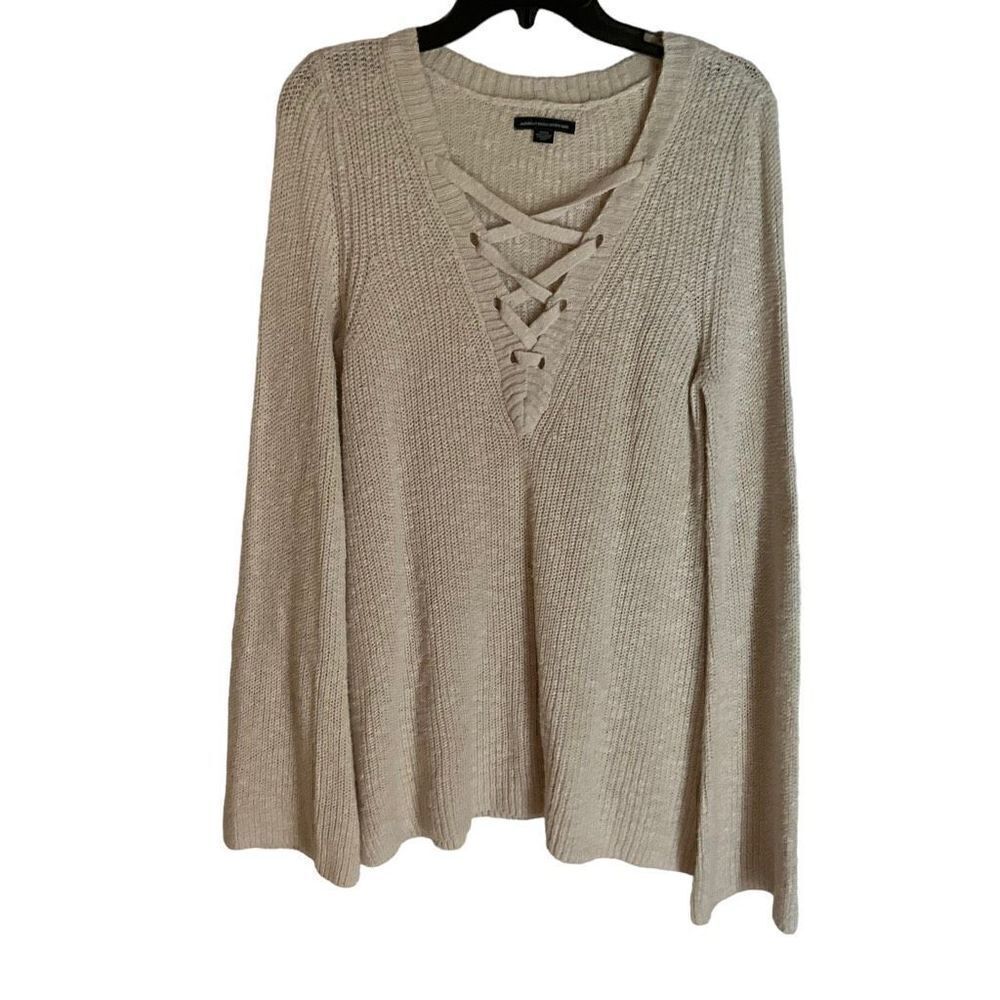 American Eagle Sweater Pullover V Neck Crisscross Tan White Bell Sleeves Medium
